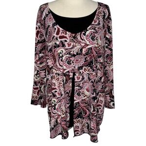CJ Banks Boho Paisley Split Front Long Sleeve Tunic Top Women's L Pink‎ Black